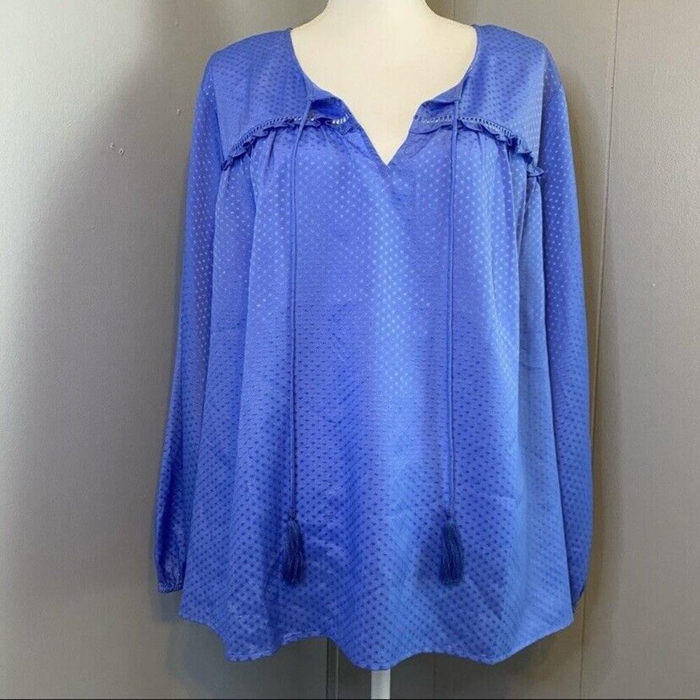 Cece Royal Blue Jacquard Polka Dot Blouse Womens 3X Dressy Top Tassel Boho